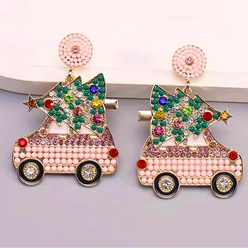 Retro Baby Pink Holiday Car with Tree